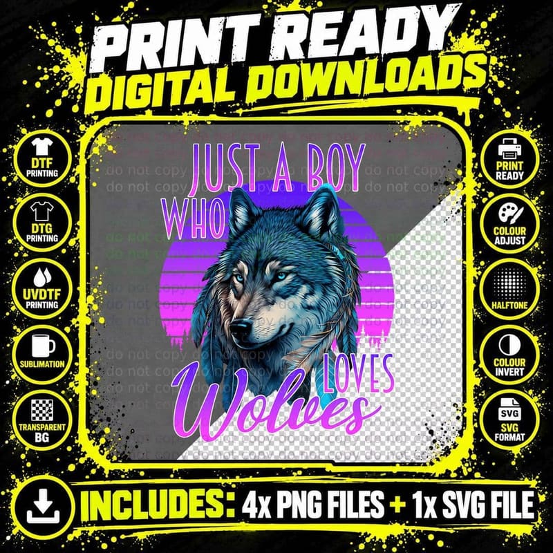 Just a Boy Who Loves Wolves - Wolf & Blue Galaxy Sunset Png SVG Digital Bundle