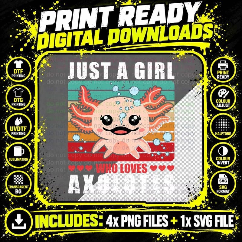 Just a Girl Who Loves Axolotls Retro Vintage 70s Axolotl Png SVG Digital Bundle