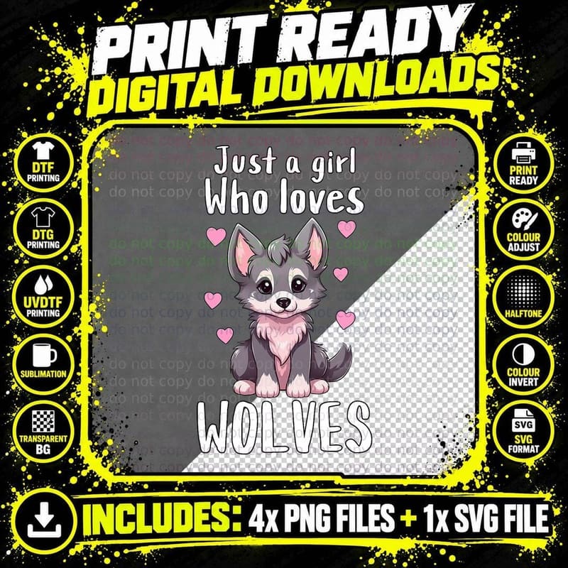 Just a Girl Who Loves Wolves - Cute Grey & Pink Baby Png SVG Digital Bundle