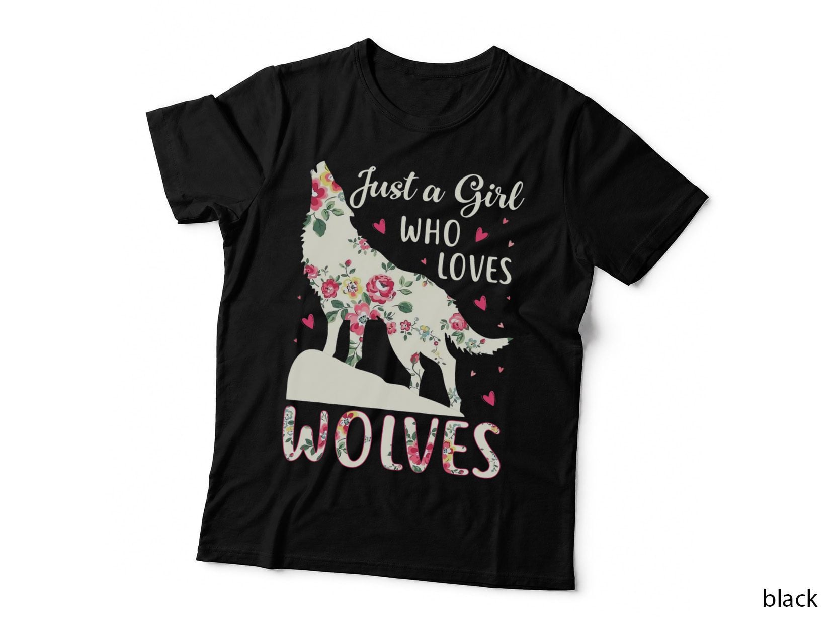 Just a Girl Who Loves Wolves Cute Wolf Silhouette Flower T-Shirt