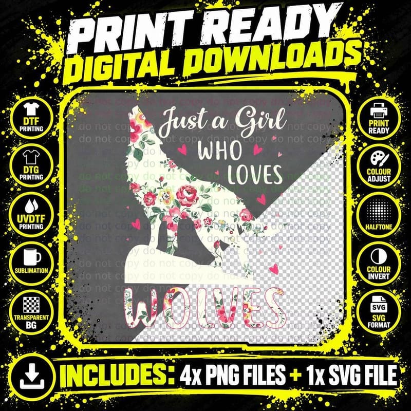 Just a Girl Who Loves Wolves Cute Wolf Silhouette Flower Png SVG Digital Bundle