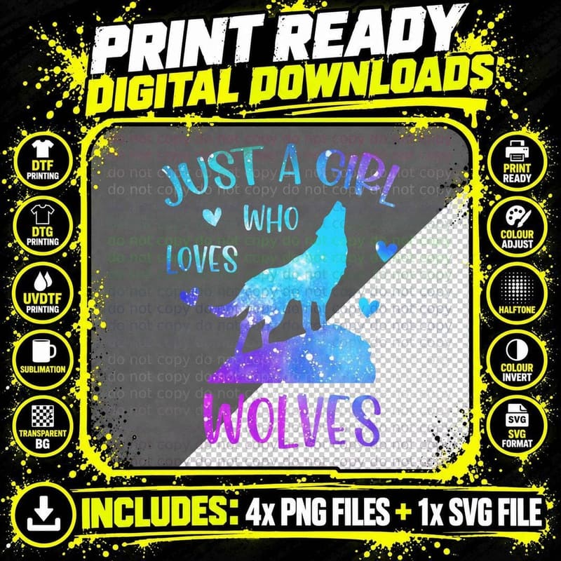 Just a Girl Who Loves Wolves Watercolor Cute Wolf Lover Png SVG Digital Bundle