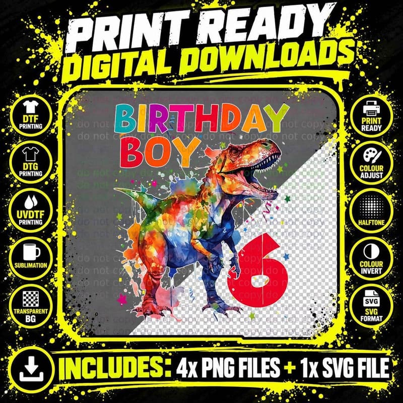 Kids 6th It's My Birthday Boy Dinosaur Rawr I'm 6 T Rex Png SVG Digital Bundle