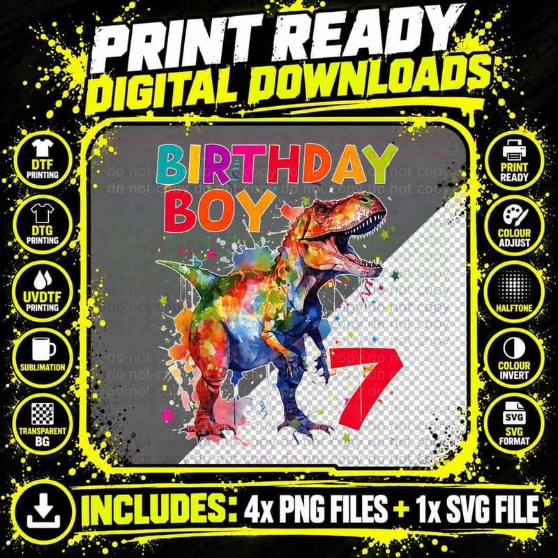 Kids 7th It's My Birthday Boy Dinosaur Rawr I'm 7 T Rex Png SVG Digital Bundle
