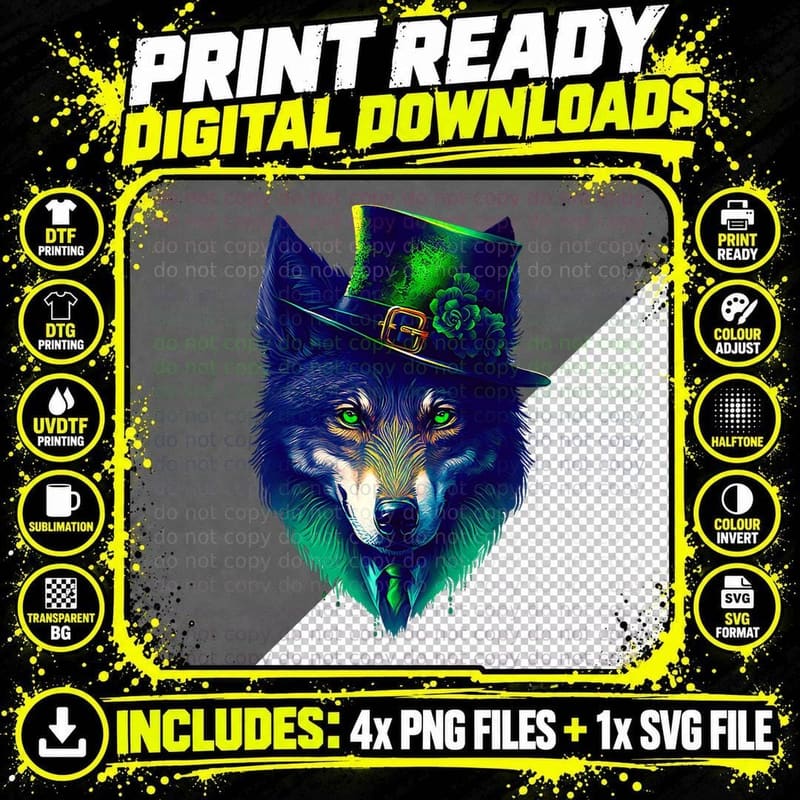 Leprechaun Wolf Irish Wolf Lover St Patrick's Day Men Png SVG Digital Bundle