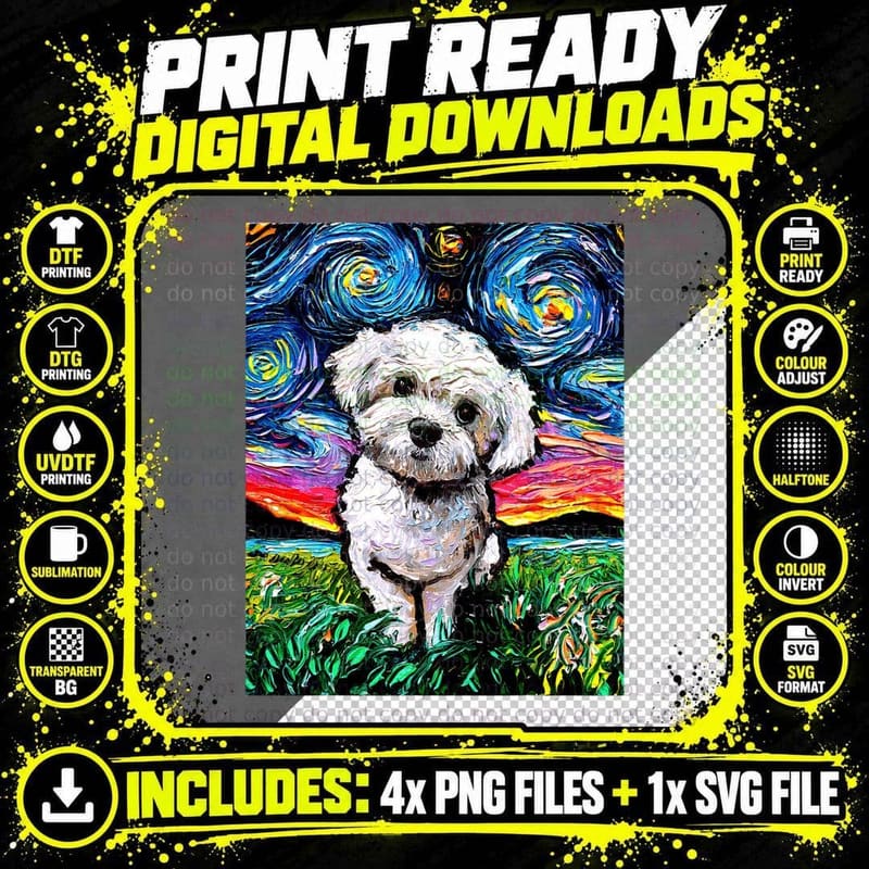 Maltipoo Starry Night White Maltese Poodle Dog Art by Png SVG Digital Bundle