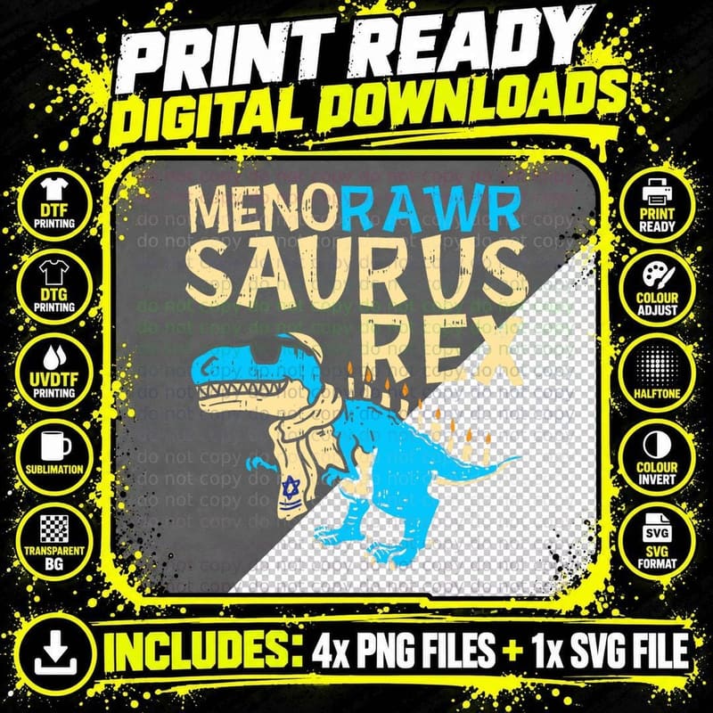Menorawr Saurus Rex Jewish Dinosaur Hanukkah Kids Boys Png SVG Digital Bundle