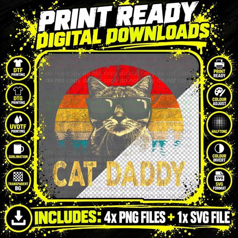Mens Vintage Cat Daddy Funny Cat Lover Gift Cat Dad Png SVG Digital Bundle