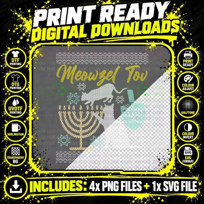 Meowzel Tov Ugly Hanukkah Sweater Cats Jewish Cat Png SVG Digital Bundle