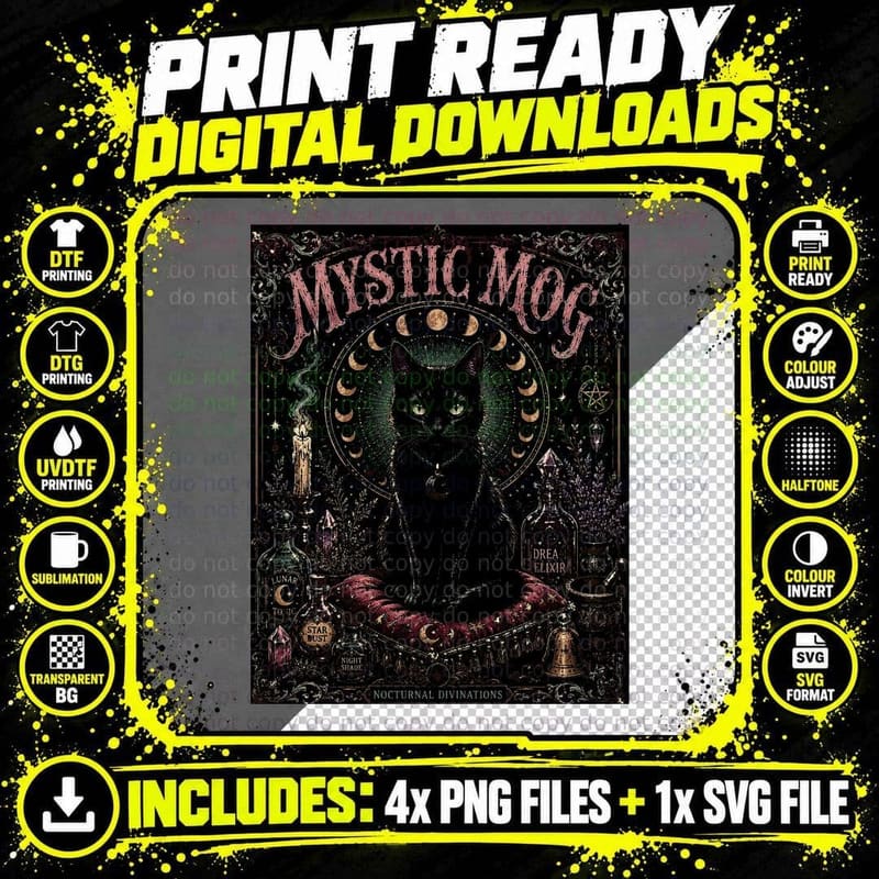 Mystic Mog Black Cat Celestial Witchy Retro Gothic Png SVG Digital Bundle
