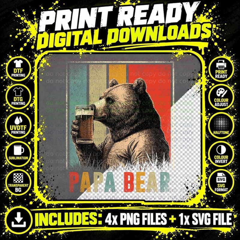 Papa Bear Drinking Beer T-Shirt, Vintage Father's Day Png SVG Digital Bundle