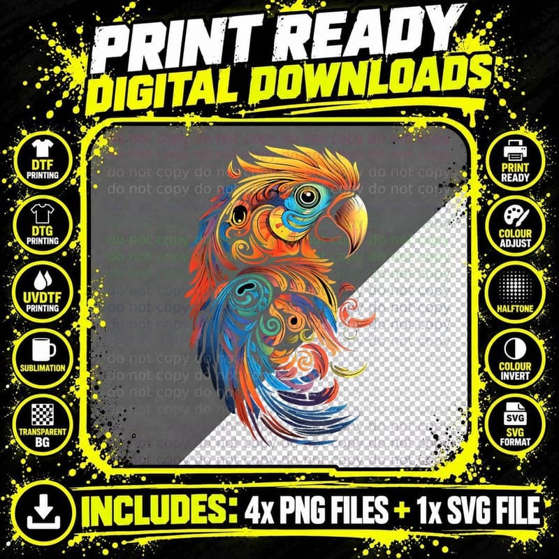 Parrot Bird Tribal Art Bohemian, Boho Style Png SVG Digital Bundle