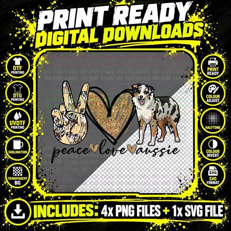Peace, Love, Aussie, Australian Shepherd Dog, Pets Png SVG Digital Bundle
