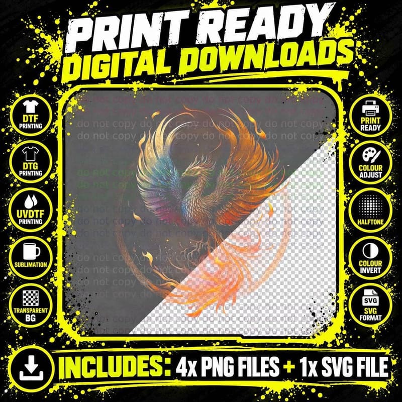 Phoenix Rising T-Shirt, Mythical Bird Print Png SVG Digital Bundle