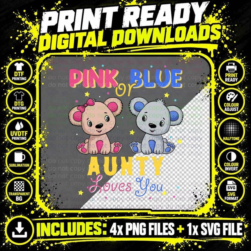 Pink or Blue Bear Aunty Loves You Baby Shower Gender Png SVG Digital Bundle