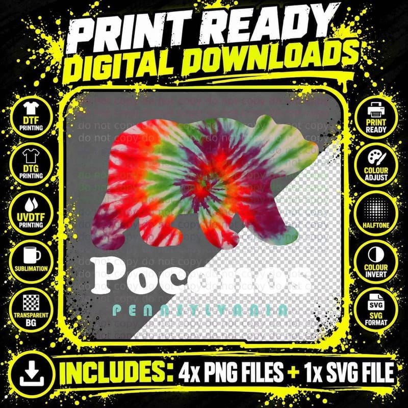 Poconos Pennsylvania Pocono PA Bear Travel Tie Dye Png SVG Digital Bundle