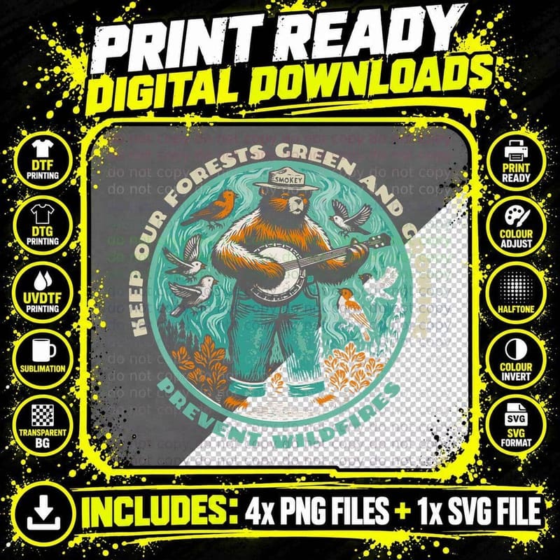 Prevent Wildfires Smokey Bear, Banjo & Birds T-Shirt Png SVG Digital Bundle