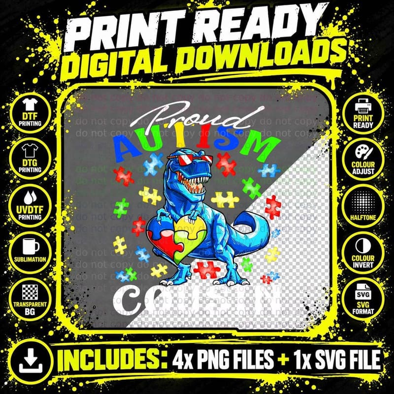 Proud Autism Cousin Dinosaur Autism Awareness T-Shirt Png SVG Digital Bundle