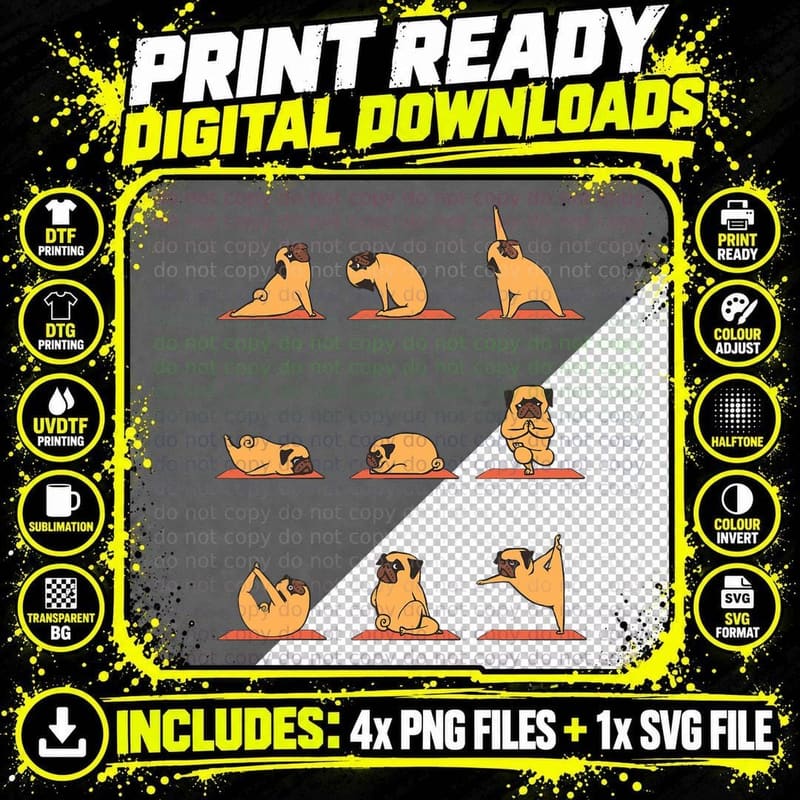 Pug Yoga Puppy Yoga Poses and Meditation Funny Png SVG Digital Bundle