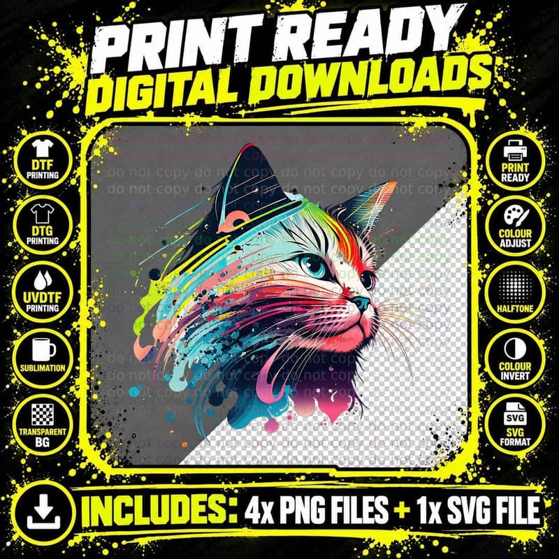 Rainbowcore Art Cat Colorful Feline Painted Art Kitten Png SVG Digital Bundle