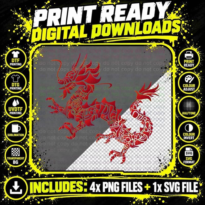 Red Chinese Firedrake T-Shirt Dragon Print Art Wear Png SVG Digital Bundle
