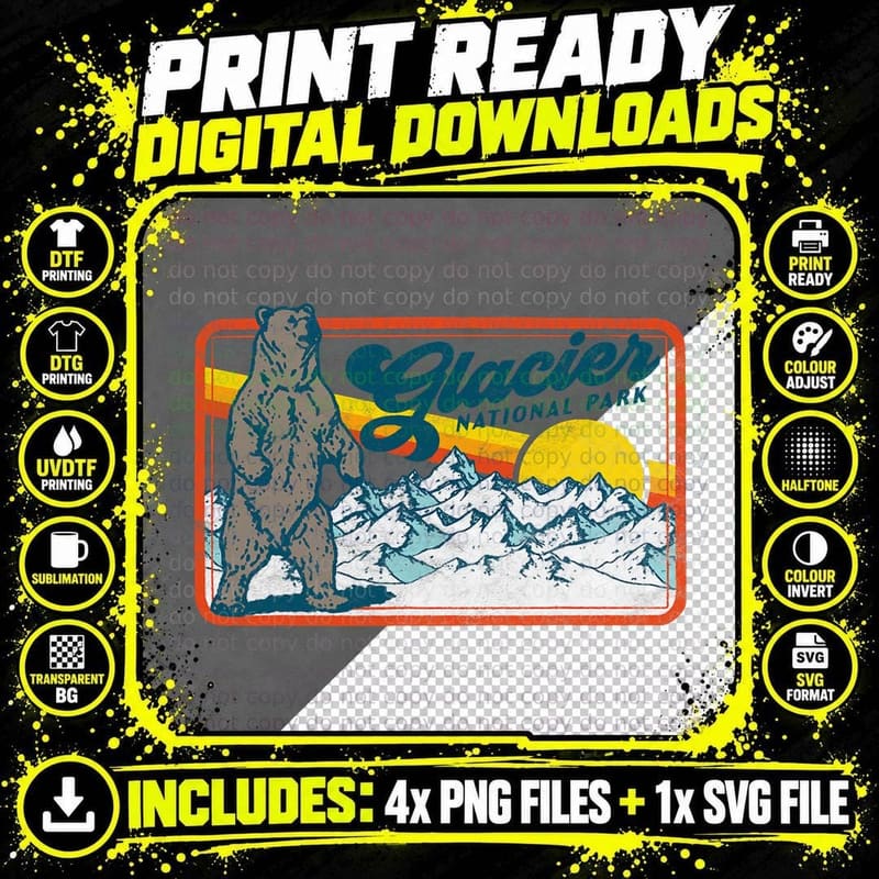 Retro Glacier National Park 80's Bear Graphic 80s T-Shirt Png SVG Digital Bundle