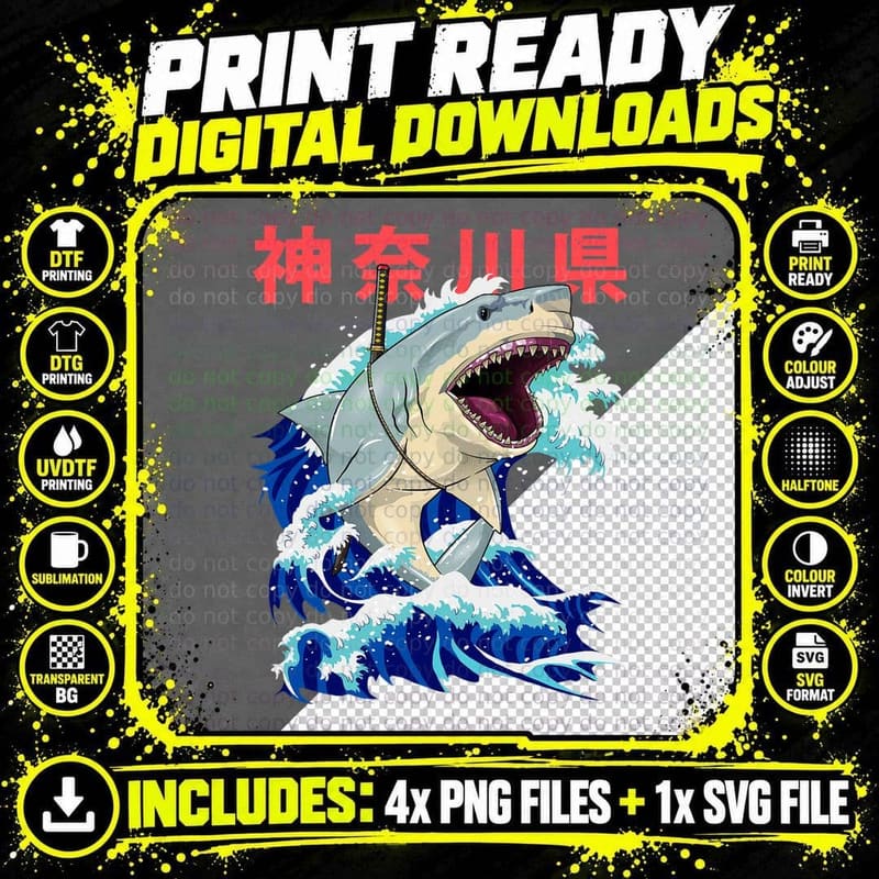 Retro Japanese Samurai, Shark Vintage Kanagawa Wave Png SVG Digital Bundle