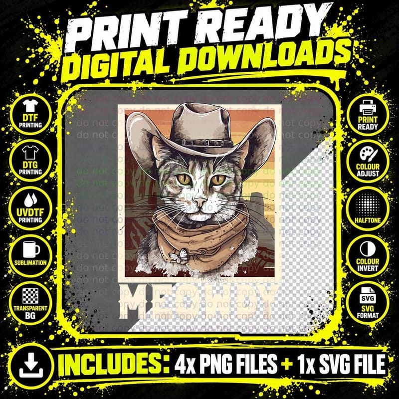 Retro Meowdy Cat Funny Howdy Meme Western Cowboy Kitten Png SVG Digital Bundle