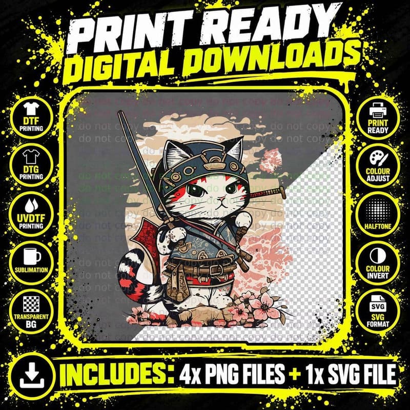 Samurai Warrior Cat T-Shirt, Cat Lover Graphic Tee Png SVG Digital Bundle