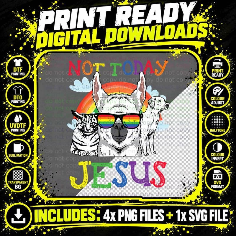 Satanic LGBT-Q Not Today Jesus Llama Cat Dog Goth-Ic Png SVG Digital Bundle