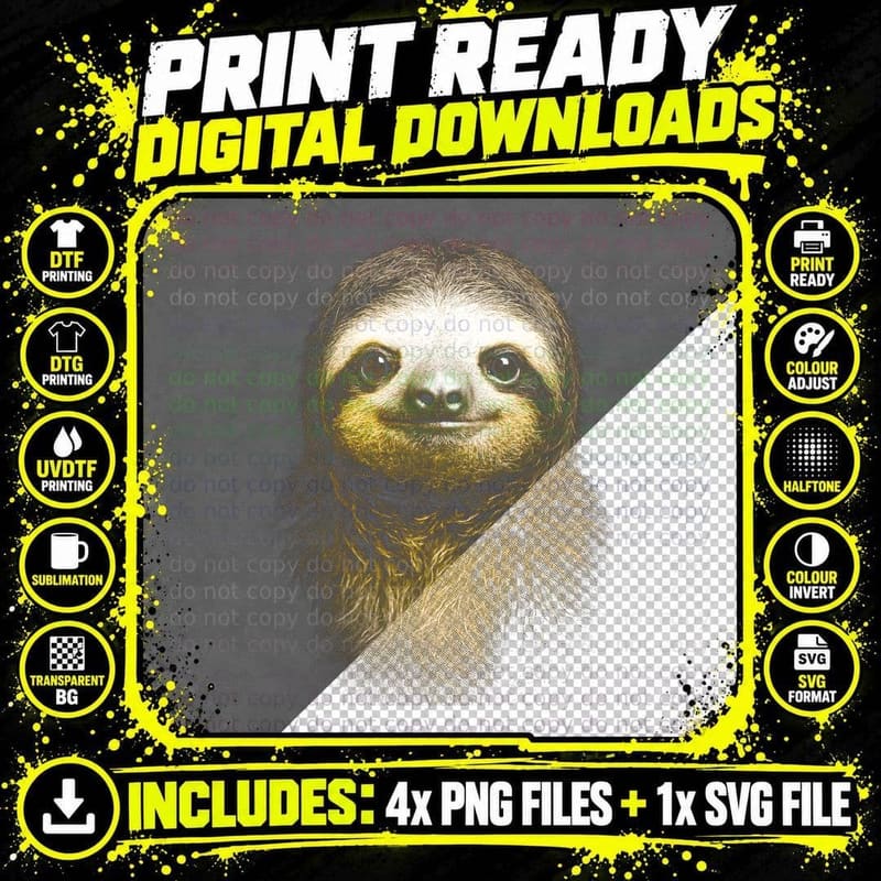 Serene Sloth Portrait T-Shirt, Wildlife Print Png SVG Digital Bundle
