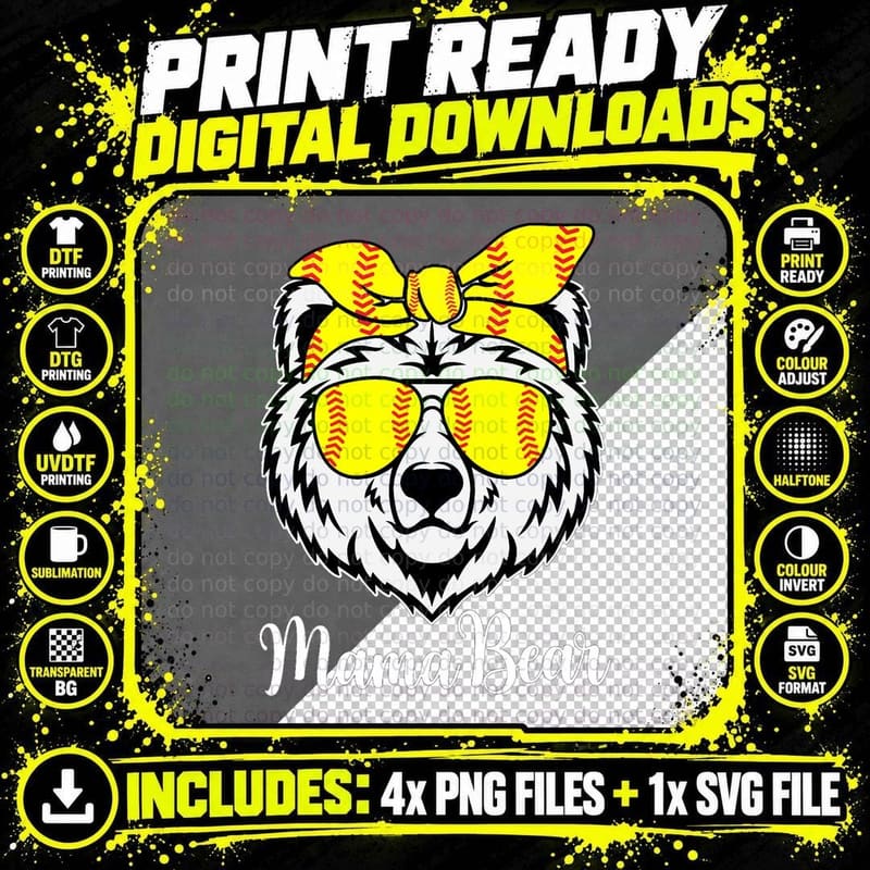 Softball Mama Bear with Sunglasses Bandana Momma Mothers Png SVG Digital Bundle