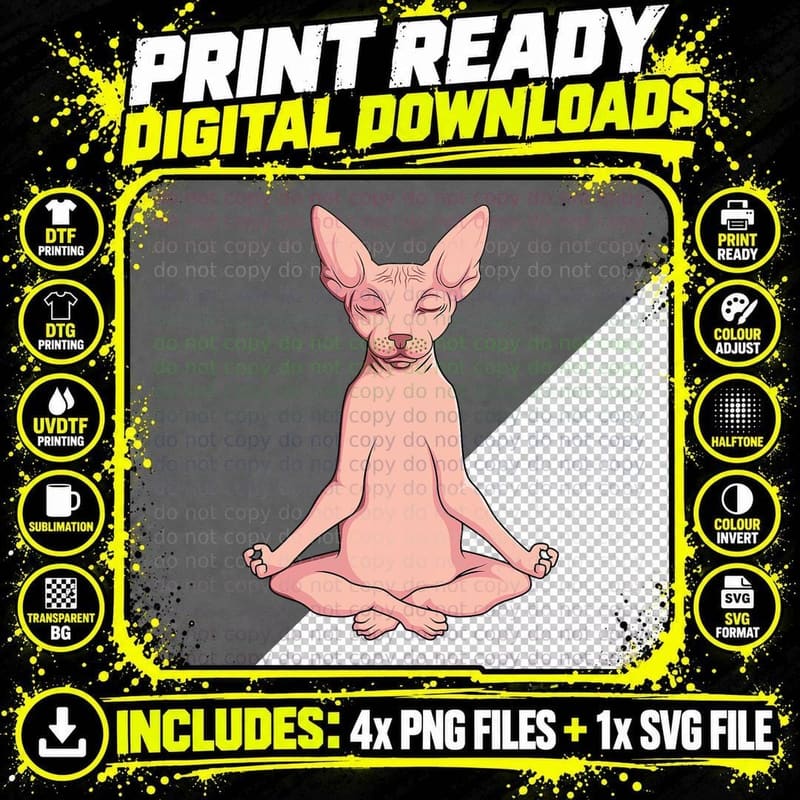 Sphynx Cat Yoga Meditation Breeder Hairless Pet Lover Png SVG Digital Bundle