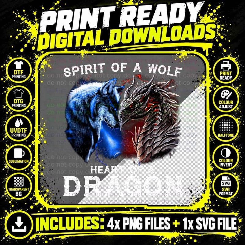Spirit of a Wolf Heart of a Dragon Funny Matching Outfit Png SVG Digital Bundle