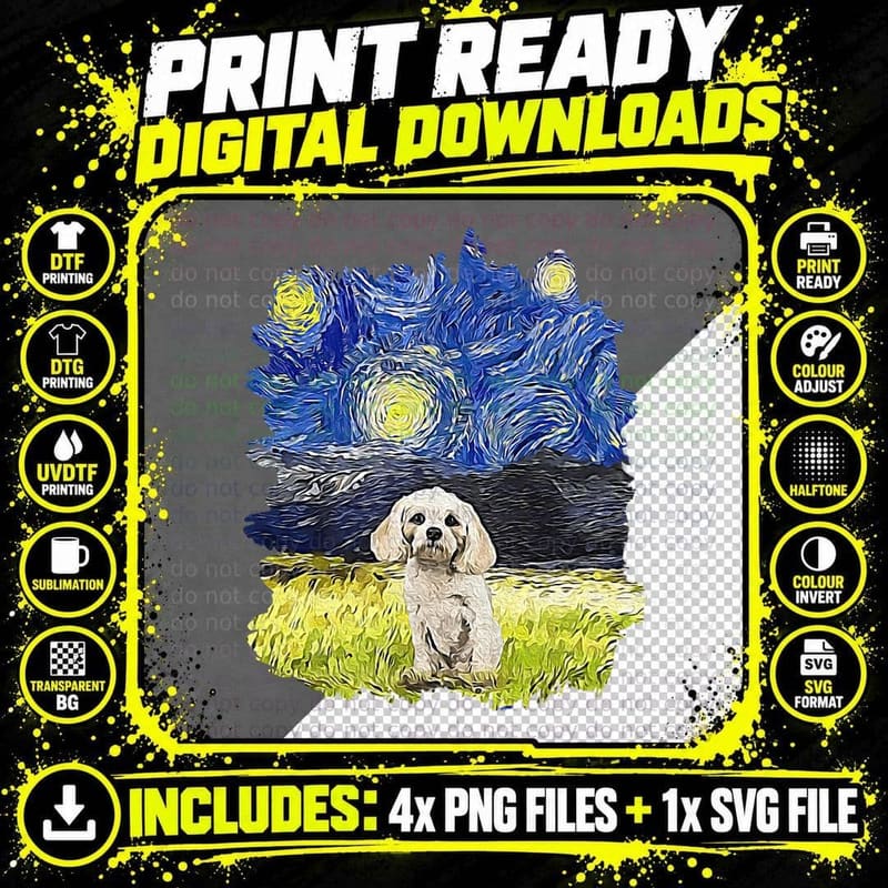 Starry Night Impressionist - Dog Art Cavachon Png SVG Digital Bundle