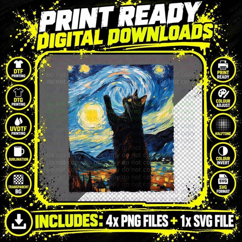 Starry Night Van Gogh Art Cat Lover Cat Mom Cat Dad Png SVG Digital Bundle