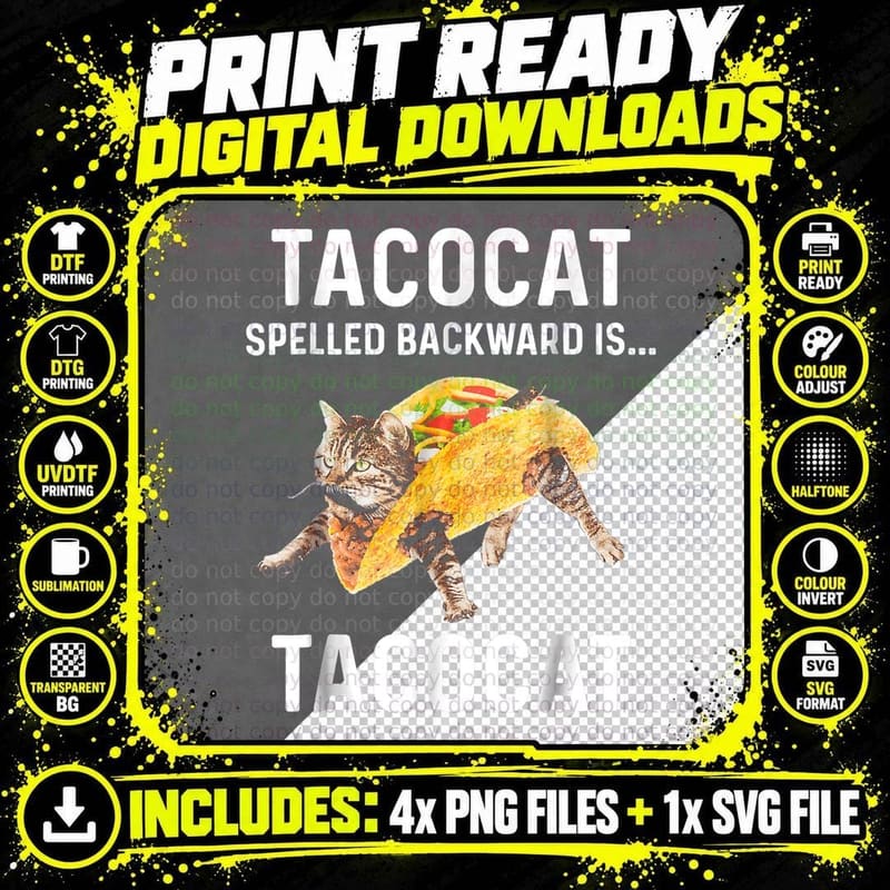 Tacocat Spelled Backward Is Tacocat Love Cat and Taco Png SVG Digital Bundle
