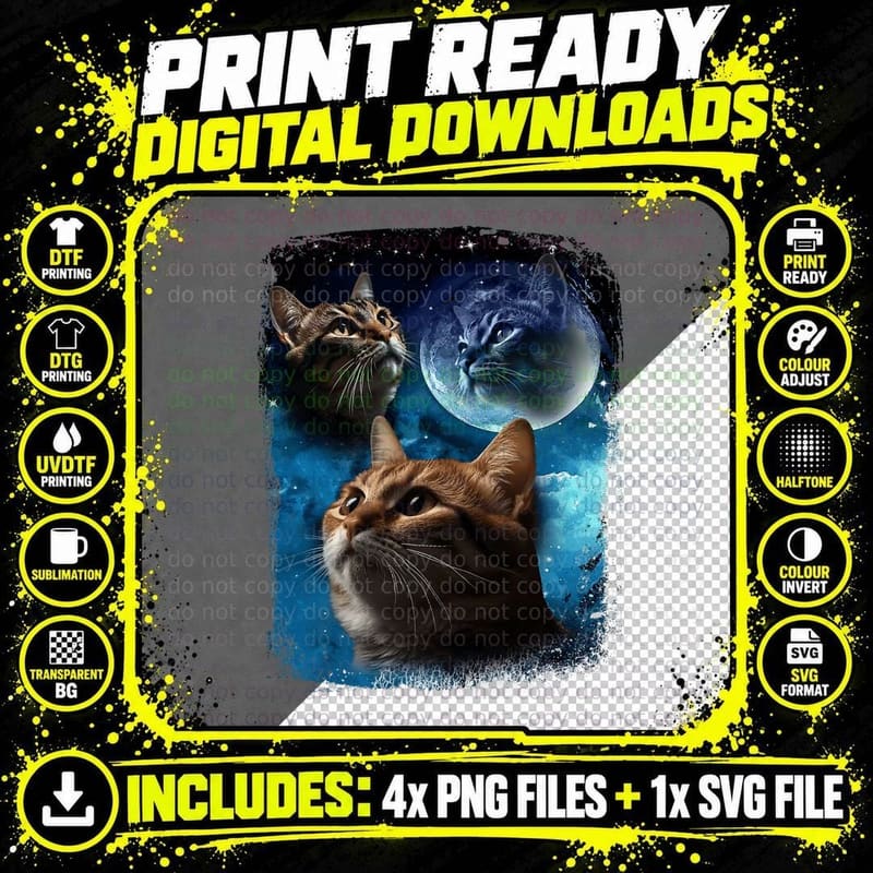 Three Cats Howl at Moon Vintage Funny Cat Howling Wolf Png SVG Digital Bundle