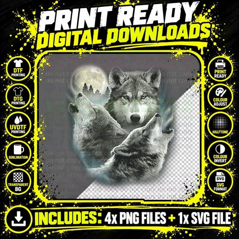 Three Wolves Howling at the Moon - Wolf Lover T-Shirt Png SVG Digital Bundle