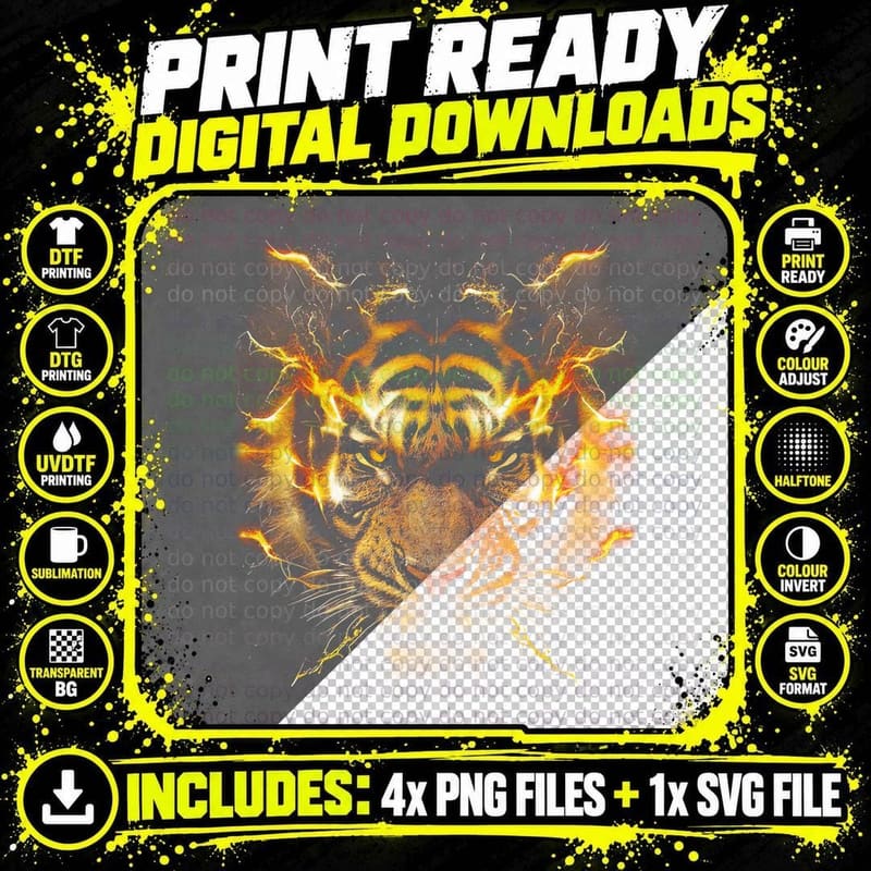 Tiger Fire Flame T-Shirt, Wild Cat Print, Big Cat Tee Png SVG Digital Bundle