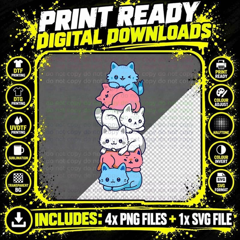 Transgender Pride Cat LGBT Trans Flag Cute Cats Pile Png SVG Digital Bundle