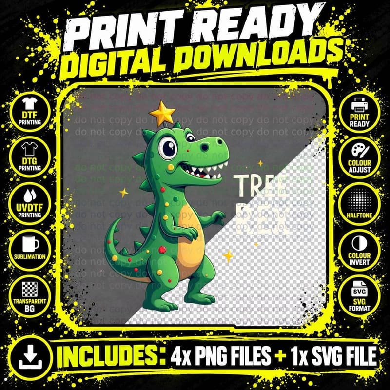 Tree Rex Dinosaur Christmast, Spiky Dino with Lights and Png SVG Digital Bundle