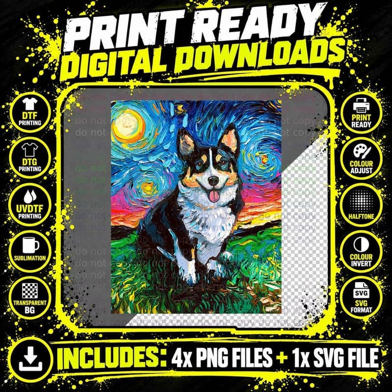 Tri Color Pembroke Welsh Corgi Starry Night Dog Art by Png SVG Digital Bundle
