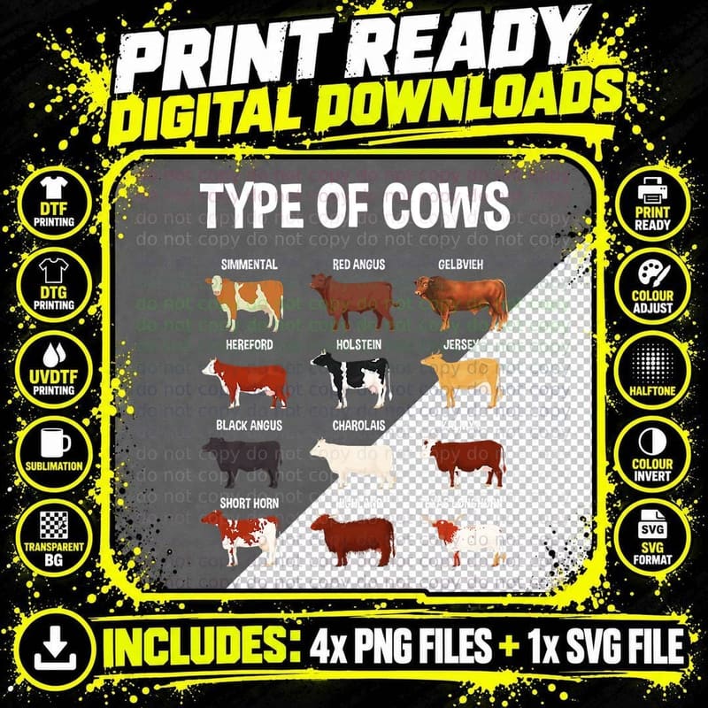 Types of Cows Farming Farmer Costume Graphic Art Cow Png SVG Digital Bundle