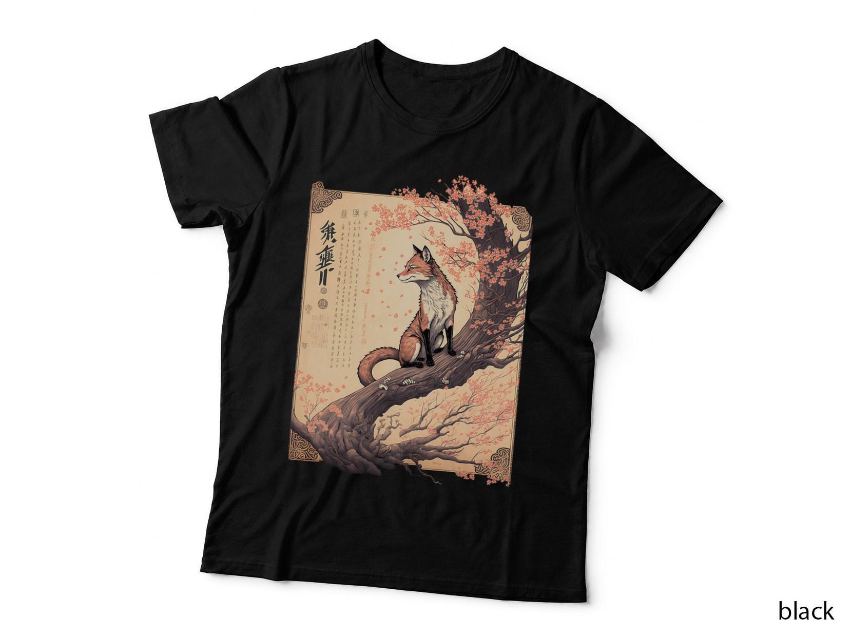 Vintage Cherry Blossom Japanese Fox Scroll Graphical Art T-Shirt