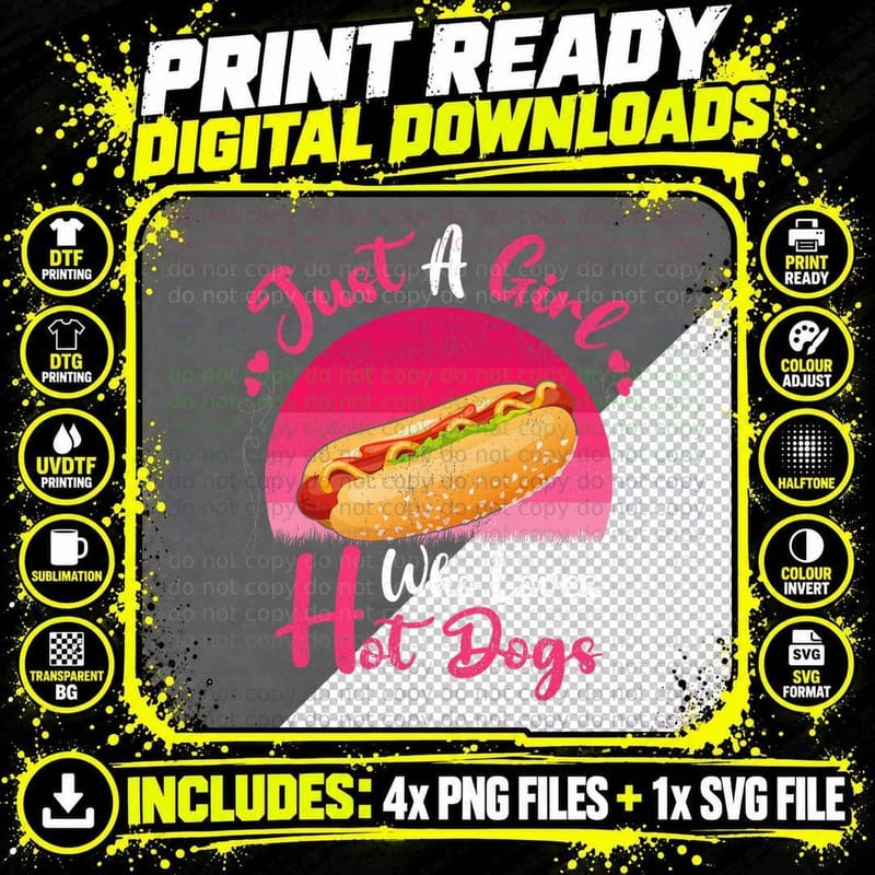 Vintage Hot Dog Food Lover Just a Girl Who Loves Hot Png SVG Digital Bundle
