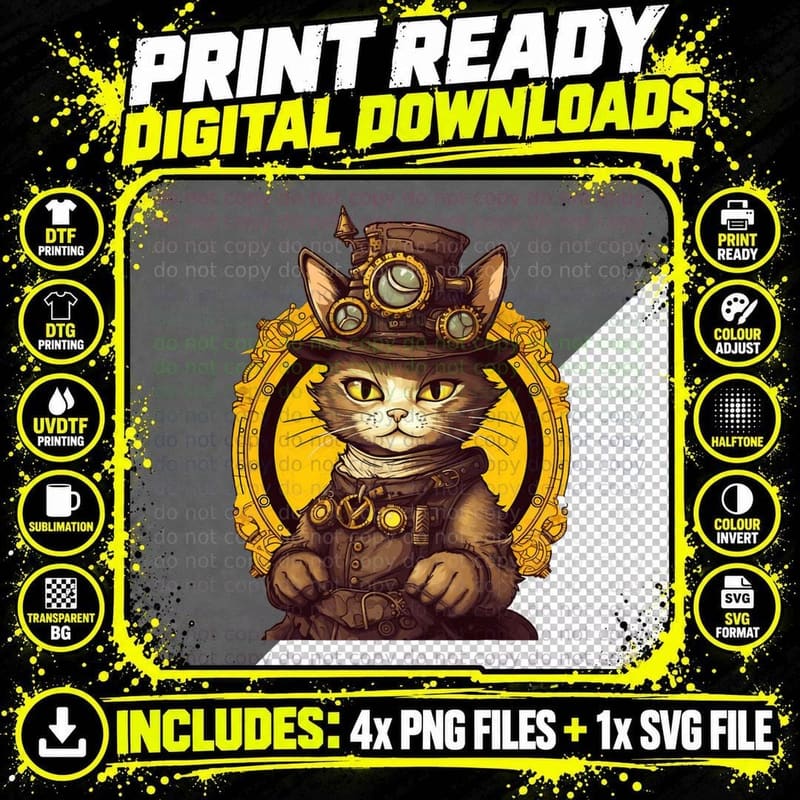 Vintage Steampunk Character Cat with Hat Cat Lover Png SVG Digital Bundle
