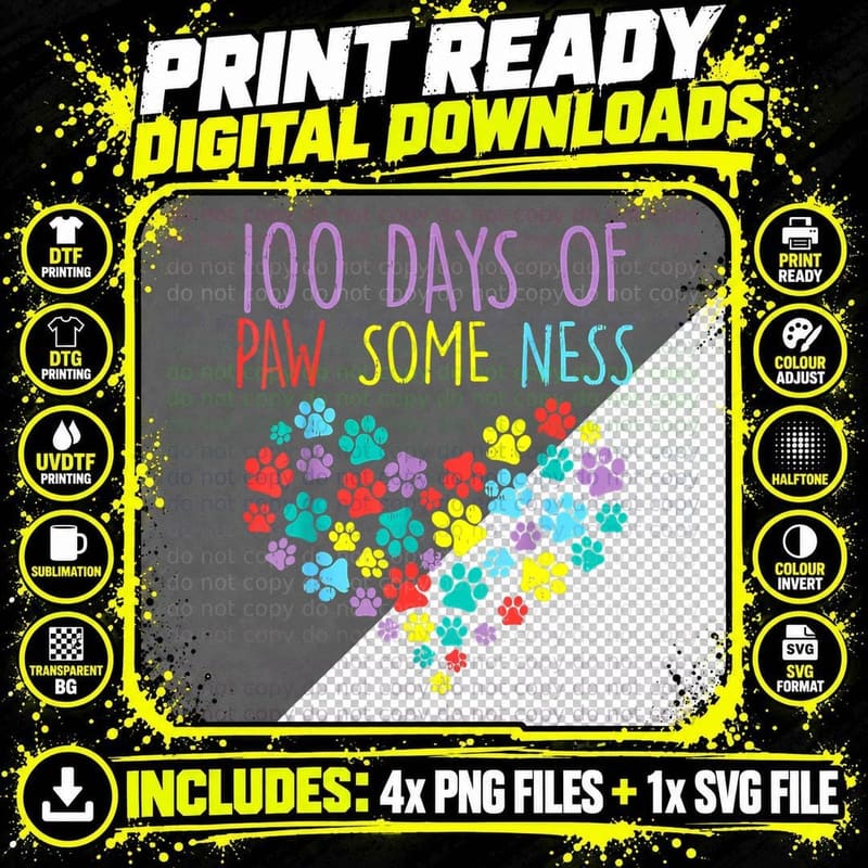 100 Days of Pawsomeness Heart 100th Day School Dog Cat Png SVG Digital Bundle
