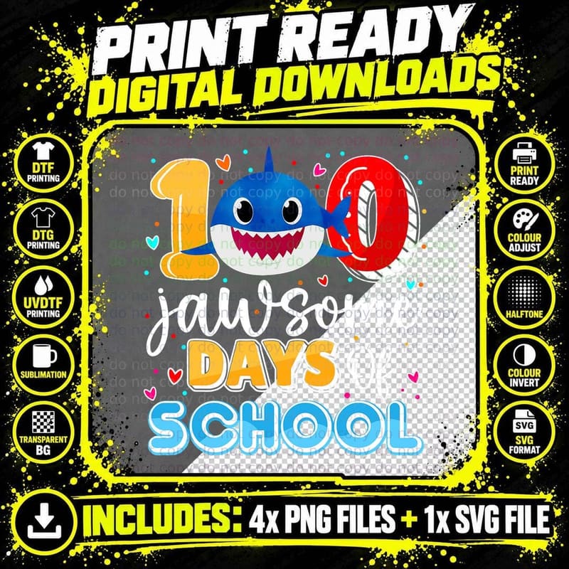 100 Jawsome Days of School Cute Shark Happy 100th Day Png SVG Digital Bundle