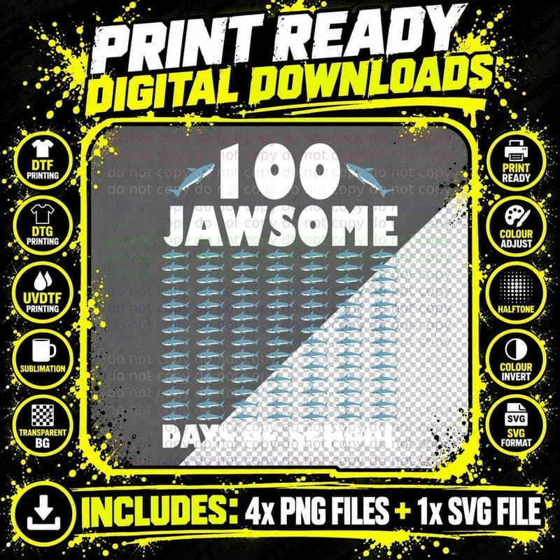 100 Jawsome Days of School Project Shark Teacher Boy Png SVG Digital Bundle